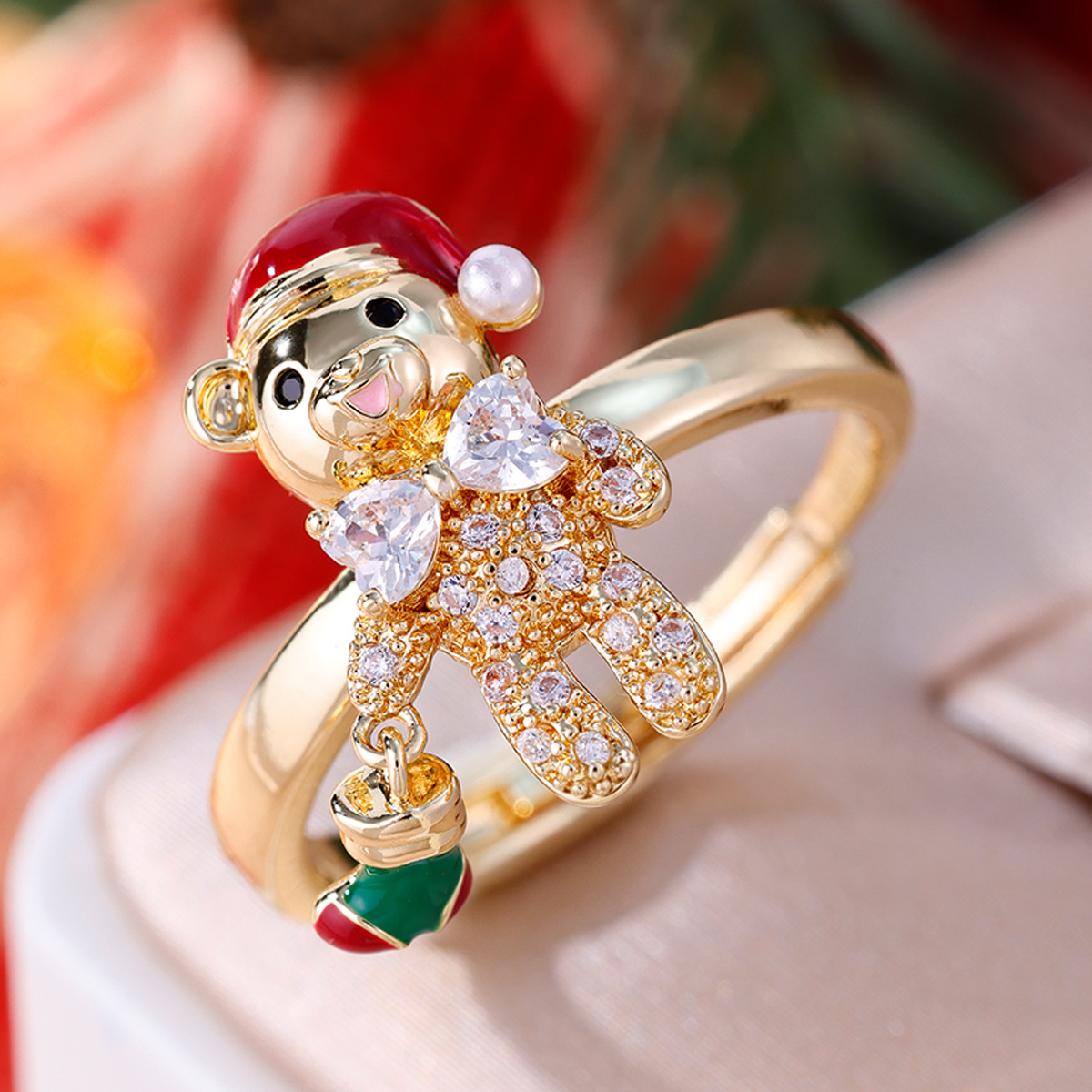 Women's Red Enamel Santa Hat Ring with Zirconia